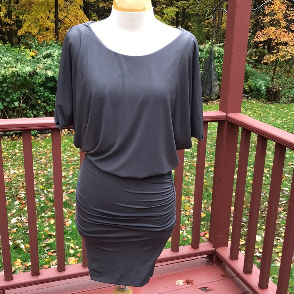 Velvet by Graham and Spencer XS dark grey ruched cold shoulder dress.